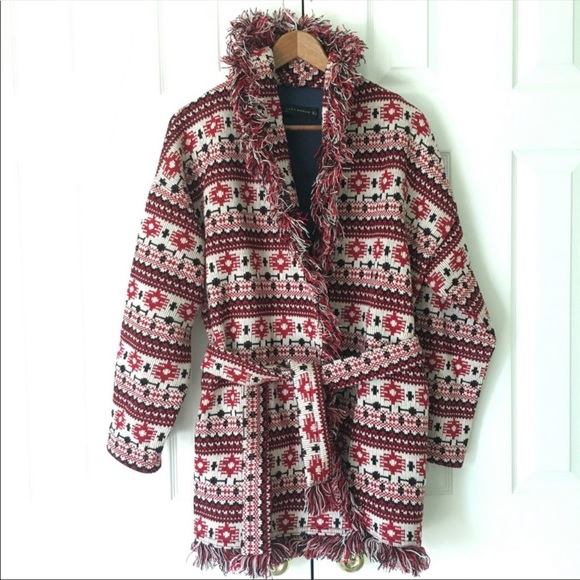 Zara Jackets & Blazers - Zara Red Fringe Belted Sweater Coat